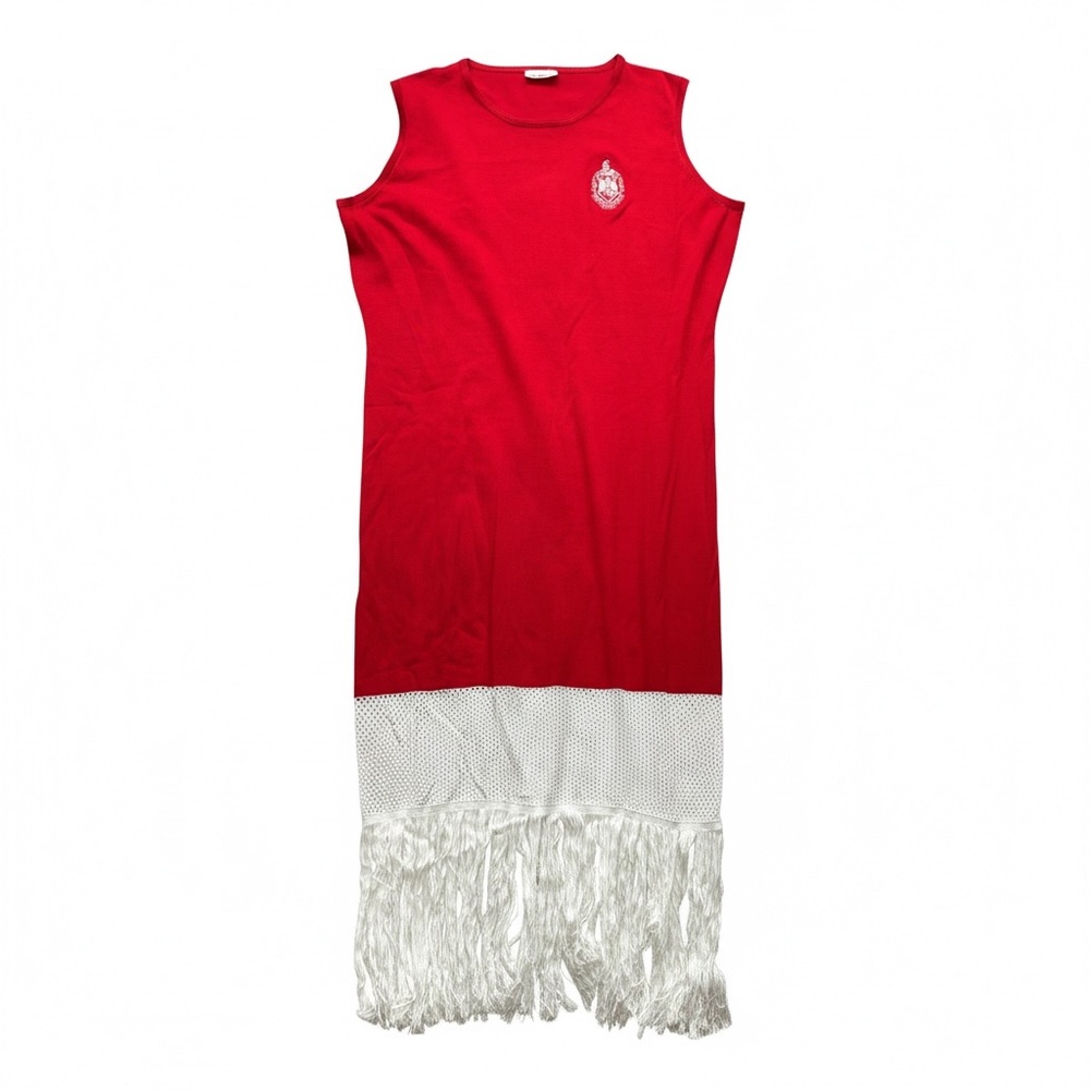 NWOT Vibrant Red Dress with stitched DST Crest with Fringe Hem